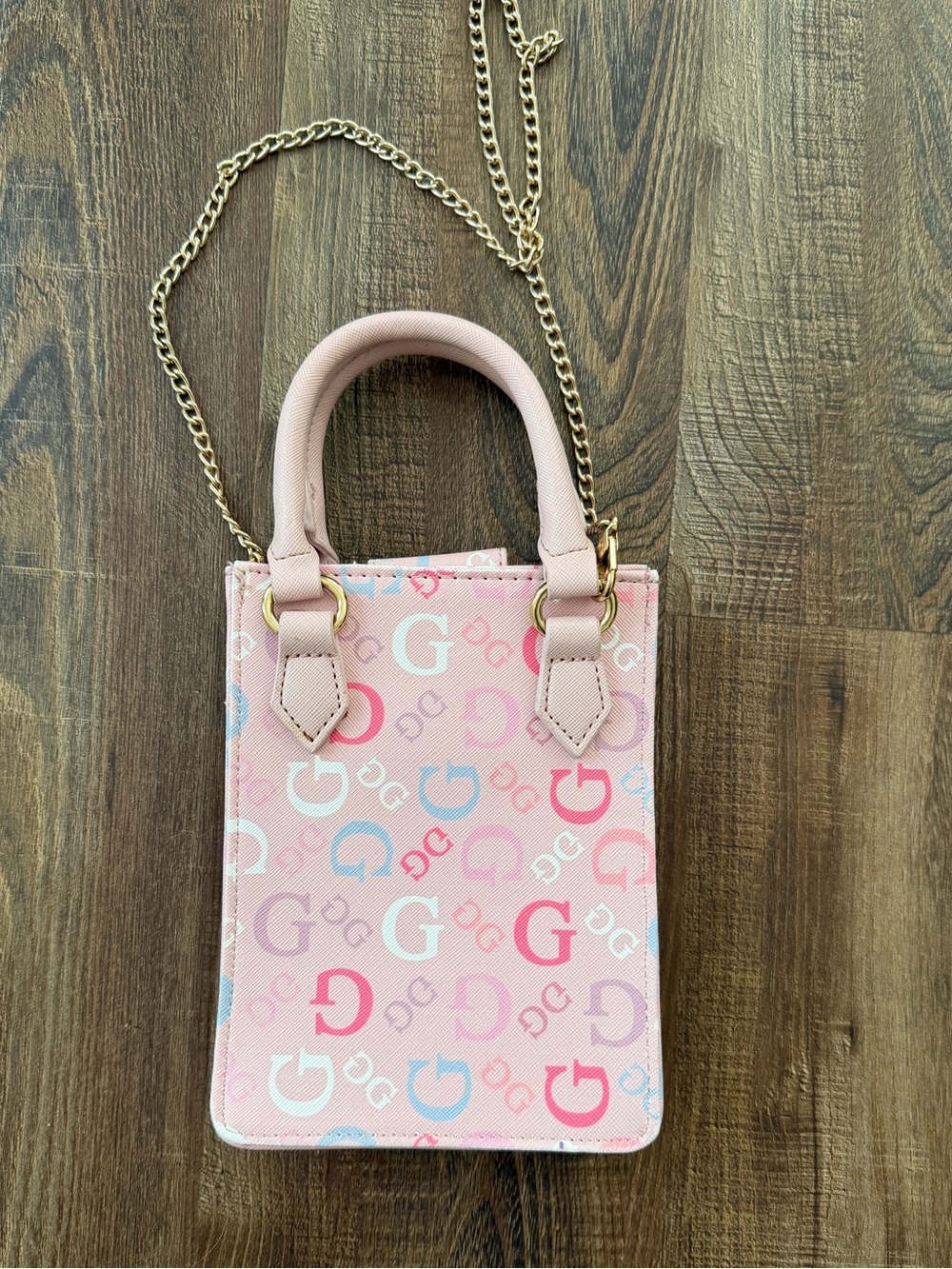 GUESS Pink Multicolor Logo Mini Tote with Gold Chain - Picture 3 of 7
